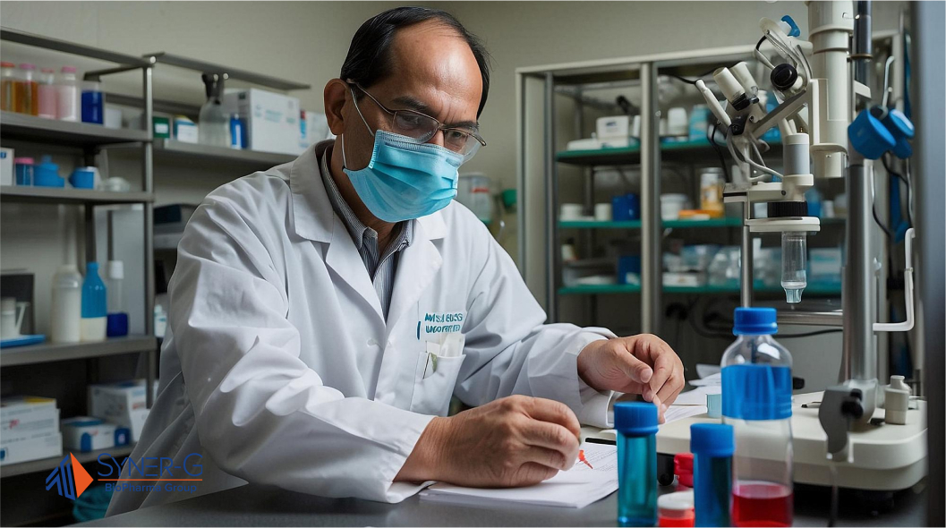 Doctor conducting research in a laboratory, examining medical samples scientific equipment.