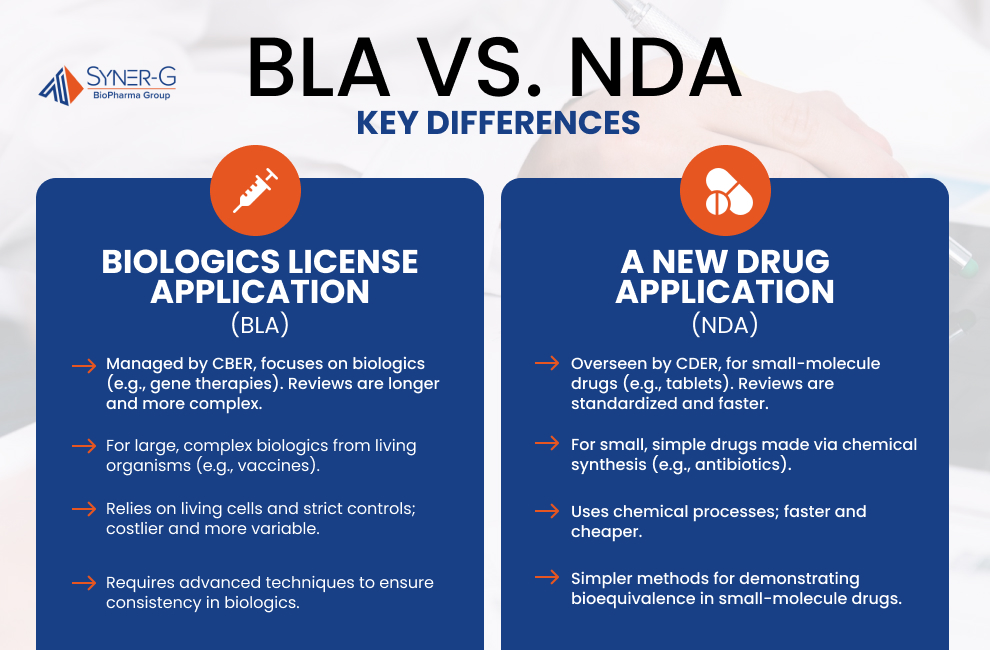 A comparison between Biologics License Application (BLA) and New Drug Application (NDA) highlighting key differences. BLAs are managed by CBER for biologics like gene therapies, with longer and more complex reviews. NDAs are overseen by CDER for small-molecule drugs like antibiotics, with standardized and faster reviews. BLAs involve manufacturing with living cells and strict controls, while NDAs use chemical processes that are faster and cheaper. Testing for BLAs requires advanced techniques for consistency, while NDAs use simpler methods for bioequivalence.