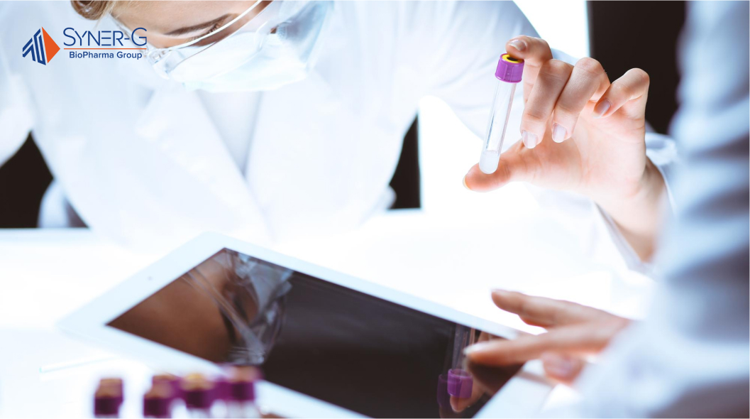 A researcher or doctor holding a vaccine vial in a laboratory setting, wearing protective gear and examining the vaccine, with lab equipment and a sterile environment in the background.