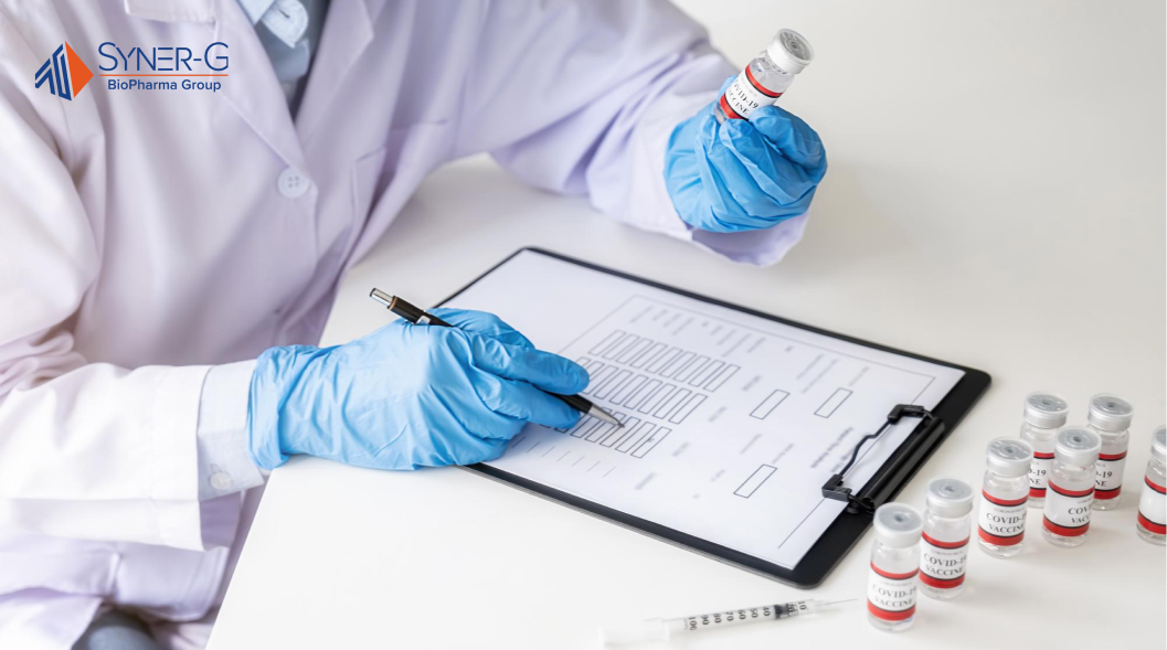 A medical professional holding a bottle of medicine in one hand and a paper with written notes in the other, carefully examining the medication in a clinical setting.